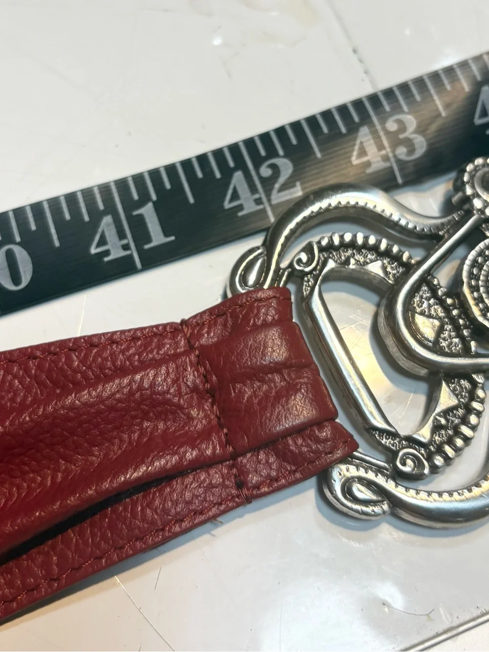 Chico's red leather stretch belt large, ornate silver statement buckle